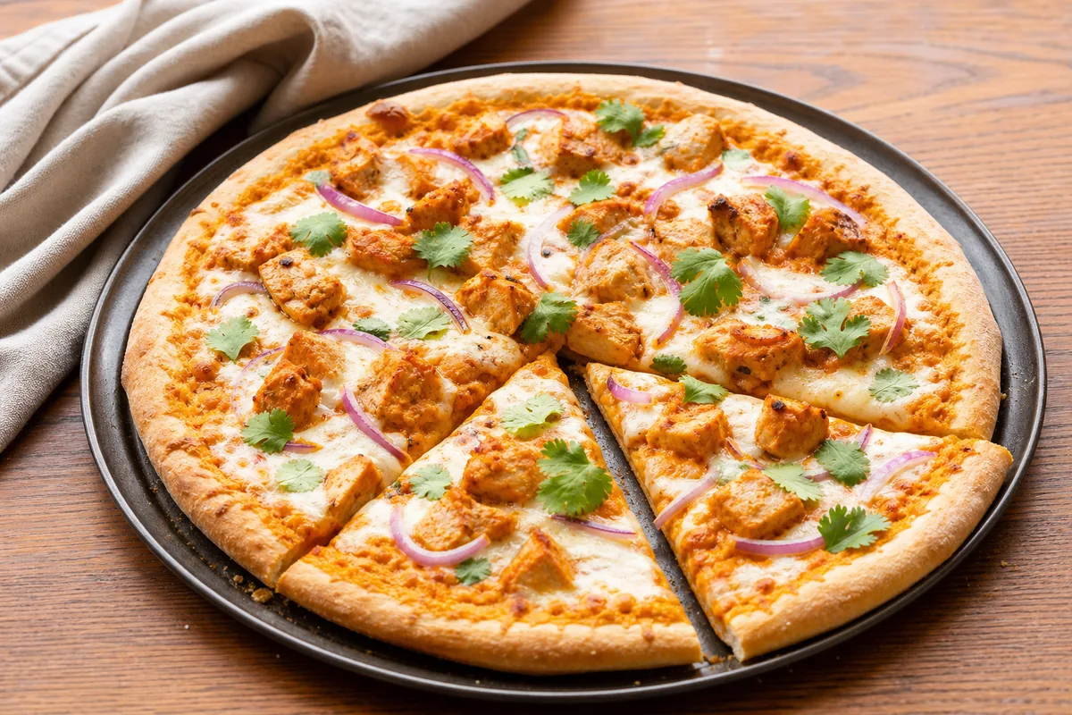 pizza butter chicken maison avec poulet sauce crémeuse oignon rouge et coriandre