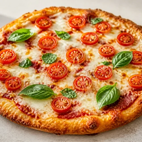 pizza cottage cheese protéinée avec tomates mozzarella et basilic