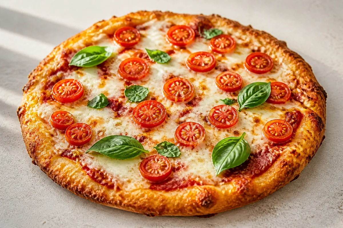pizza cottage cheese protéinée avec tomates mozzarella et basilic
