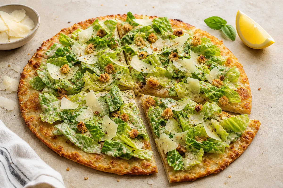 pizza croûte de poulet césar avec romaine parmesan et citron