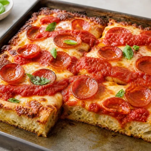 pizza Detroit maison au pepperoni avec bords au fromage croustillant