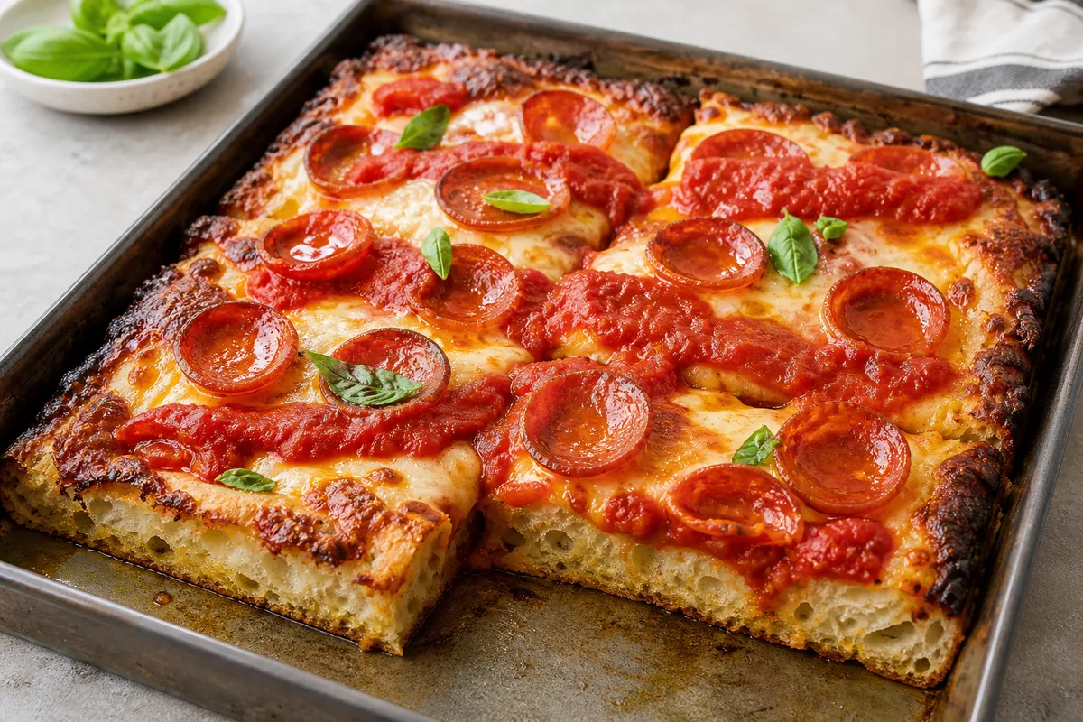 pizza Detroit maison au pepperoni avec bords au fromage croustillant