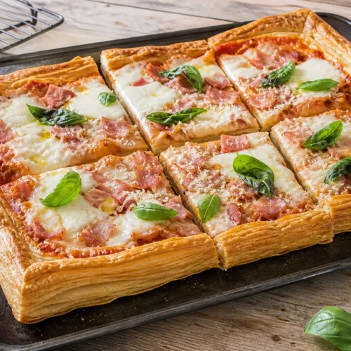 pizza pâte feuilletée croustillante au jambon et mozzarella