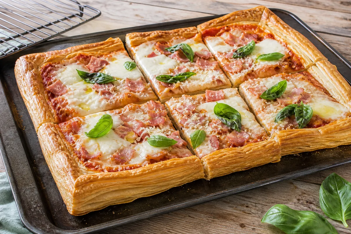 pizza pâte feuilletée croustillante au jambon et mozzarella