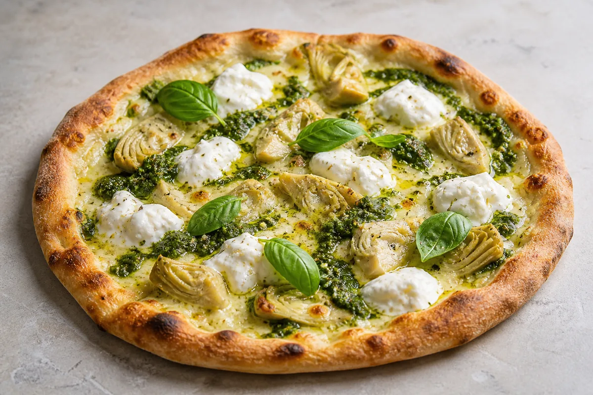 pizza artichaut pesto burrata avec basilic