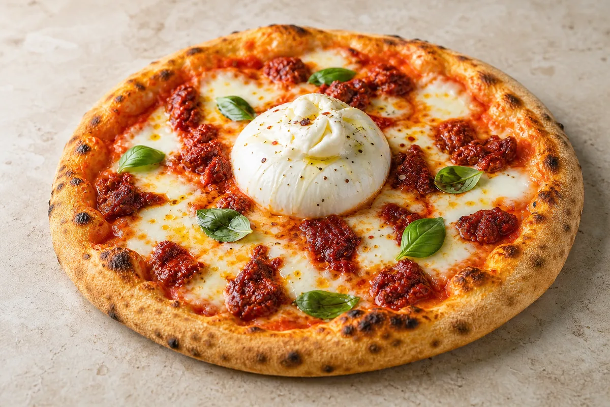 pizza nduja burrata avec sauce tomate et basilic