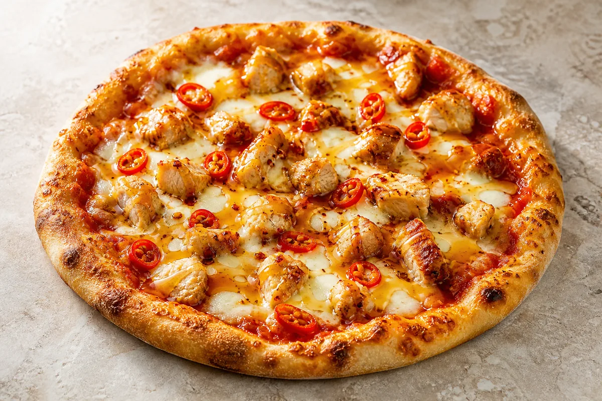 pizza poulet hot honey avec mozzarella et piment