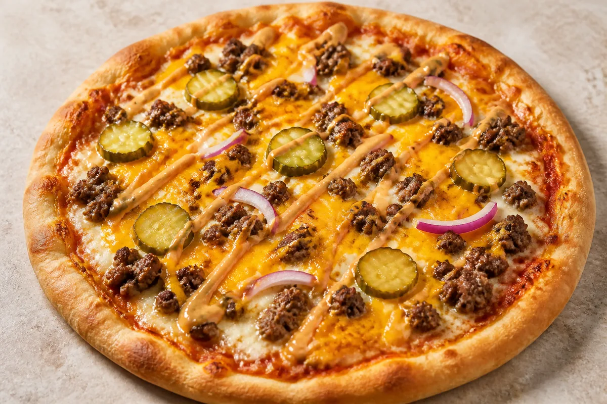 pizza smash burger avec boeuf cheddar et cornichons