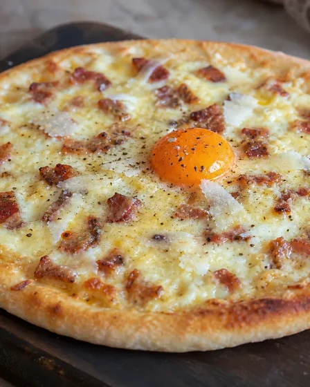 Pizza carbonara maison avec lardons dorés jaune d’œuf et pecorino