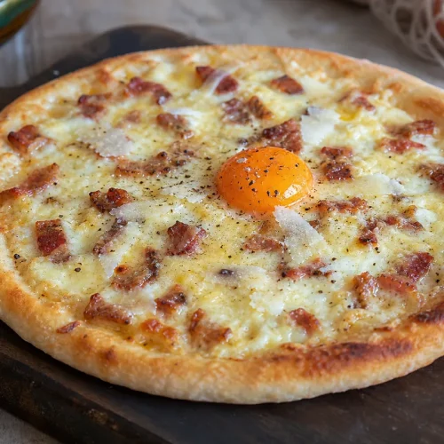 Pizza carbonara maison avec lardons dorés jaune d’œuf et pecorino