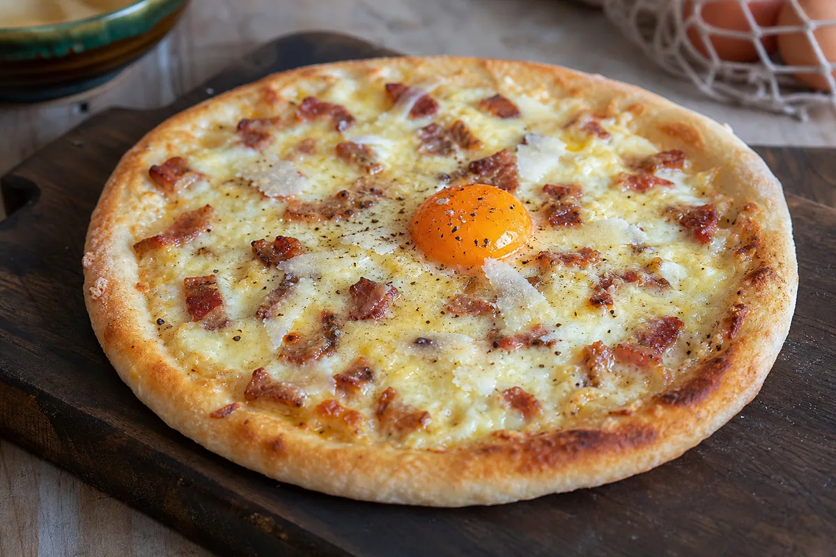 Pizza carbonara maison avec lardons dorés jaune d’œuf et pecorino