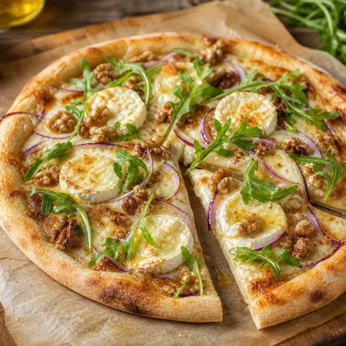 Pizza chèvre miel noix avec oignon rouge et roquette fraîche