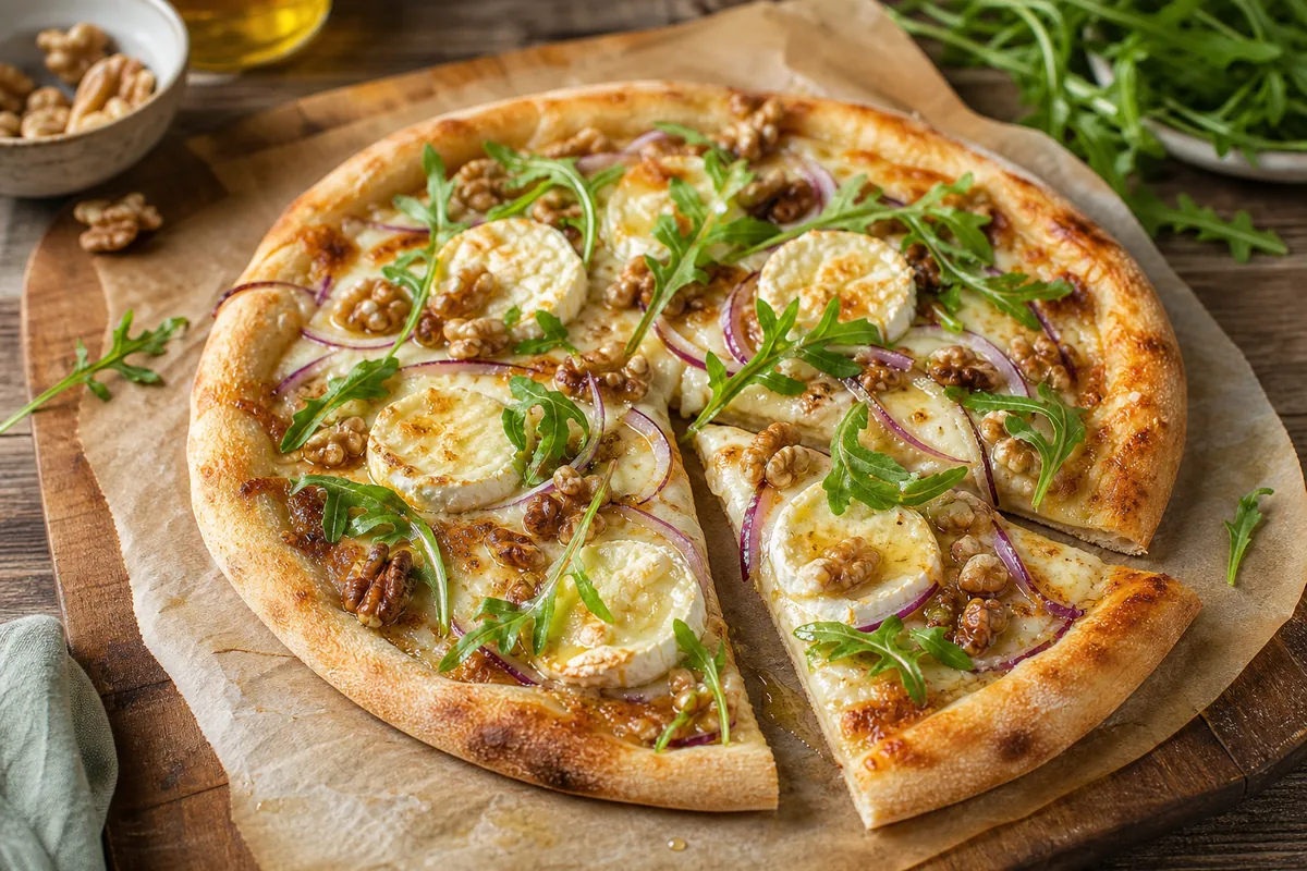 Pizza chèvre miel noix avec oignon rouge et roquette fraîche