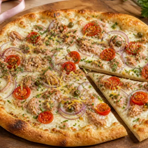 Pizza thon crème fraîche avec mozzarella oignon rouge tomates cerises et câpres