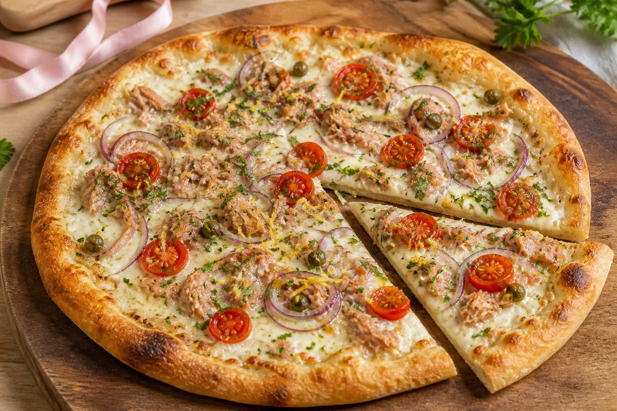 Pizza thon crème fraîche avec mozzarella oignon rouge tomates cerises et câpres