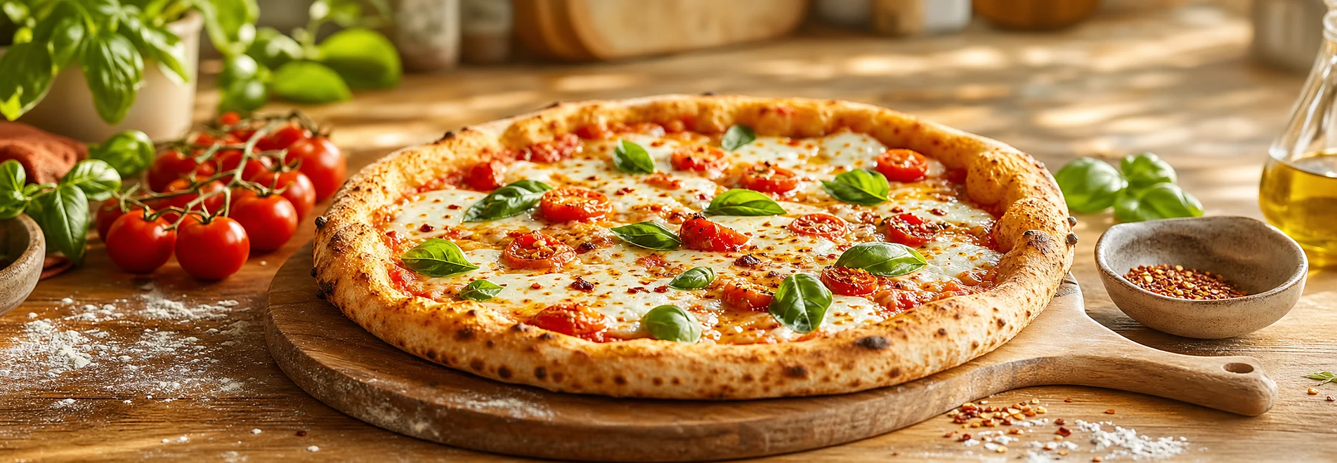 Pizza maison dorée avec basilic, tomates et mozzarella sur une table de cuisine chaleureuse