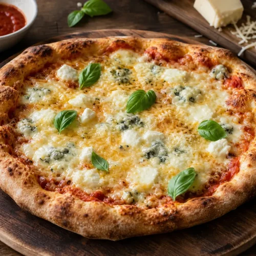 Pizza 4 fromages maison avec mozzarella comté chèvre bleu et basilic