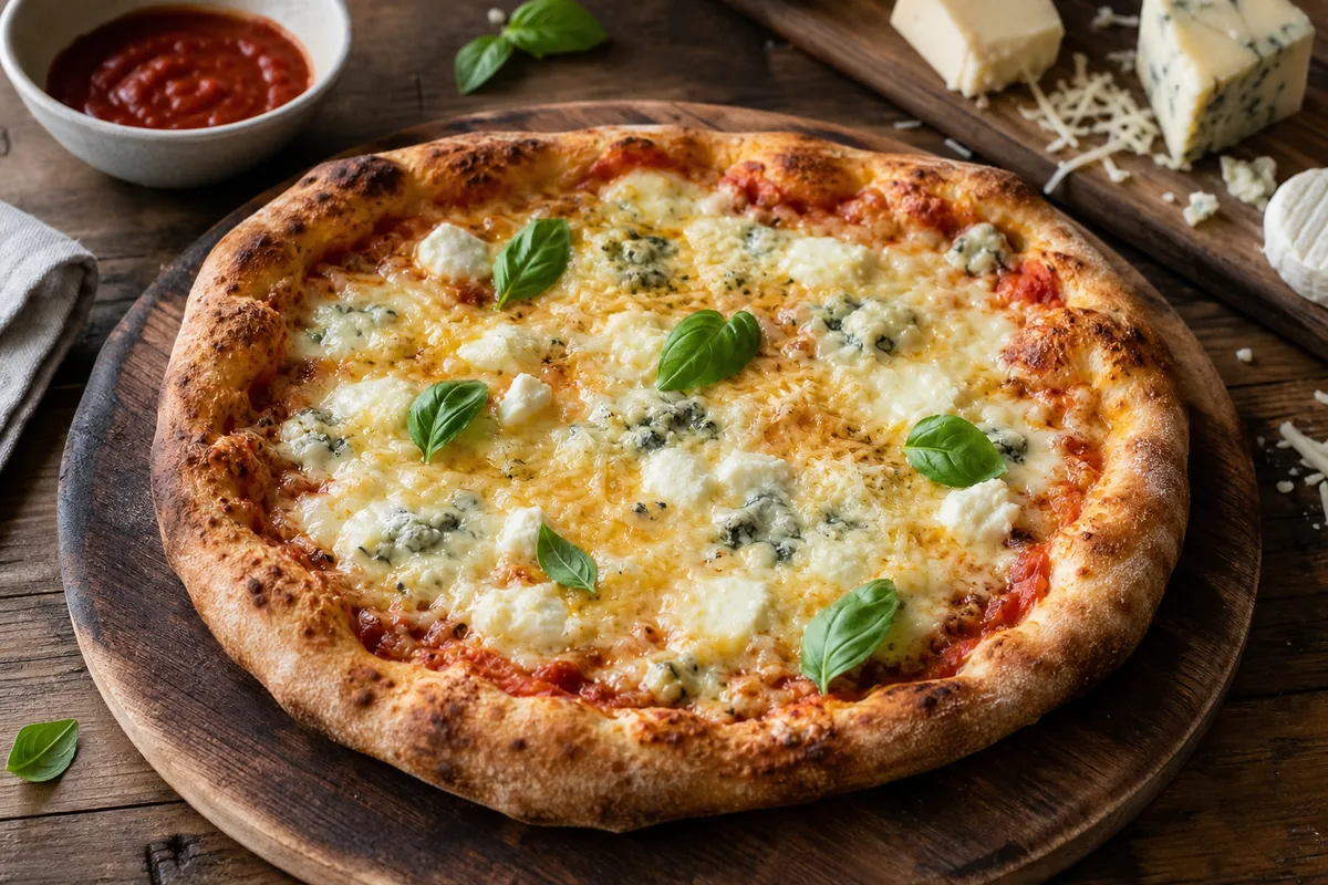 Pizza 4 fromages maison avec mozzarella comté chèvre bleu et basilic