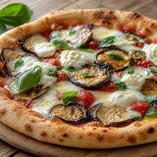 Pizza aubergine grillée avec mozzarella burrata basilic et sauce tomate