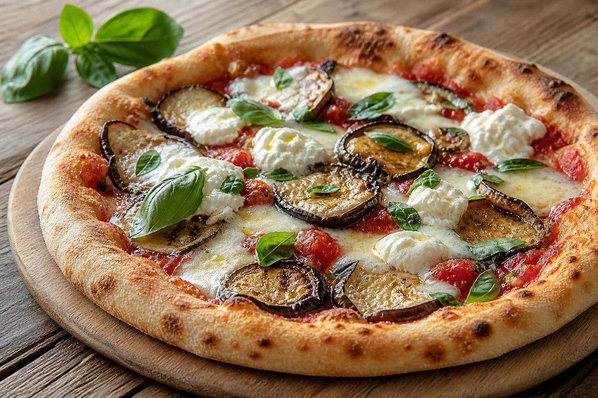 Pizza aubergine grillée avec mozzarella burrata basilic et sauce tomate