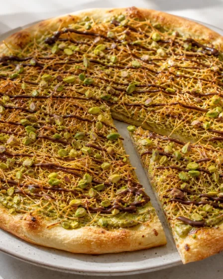 Pizza Dubaï chocolat pistache avec kadaïf croustillant et chocolat fondu