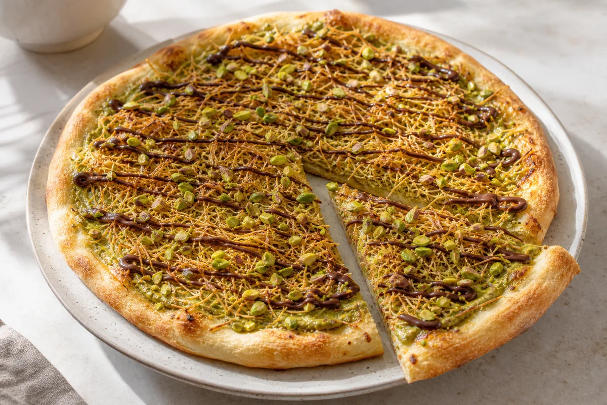 Pizza Dubaï chocolat pistache avec kadaïf croustillant et chocolat fondu