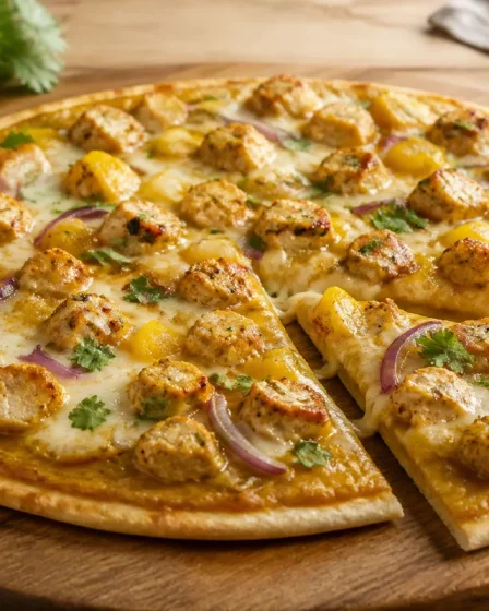 Pizza poulet curry maison avec poivron jaune, oignon rouge et mozzarella