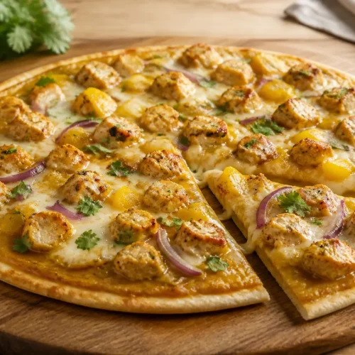 Pizza poulet curry maison avec poivron jaune, oignon rouge et mozzarella