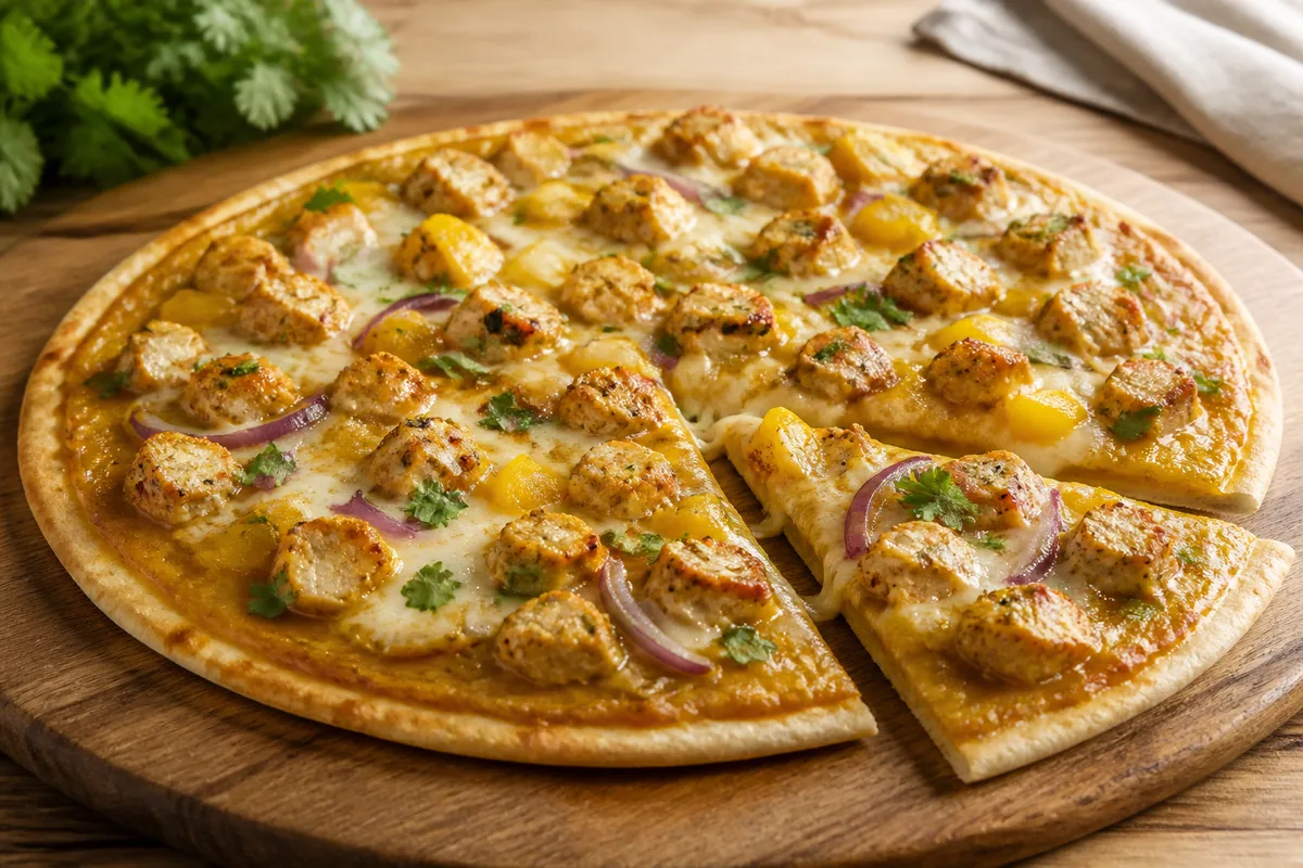 Pizza poulet curry maison avec poivron jaune, oignon rouge et mozzarella