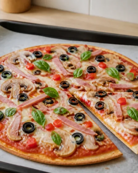 Pizza tortilla croustillante avec mozzarella jambon champignons olives et basilic