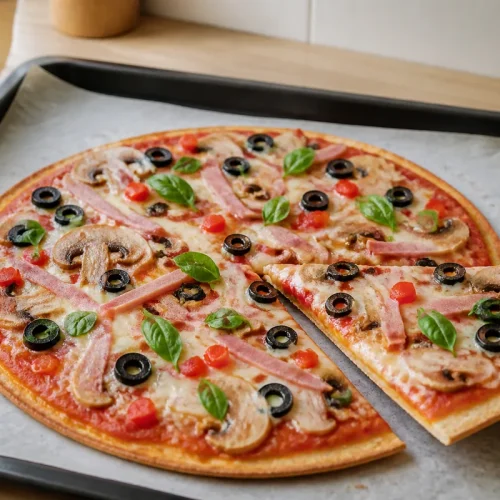 Pizza tortilla croustillante avec mozzarella jambon champignons olives et basilic