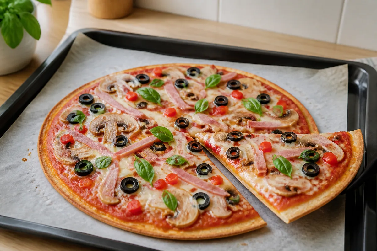 Pizza tortilla croustillante avec mozzarella jambon champignons olives et basilic