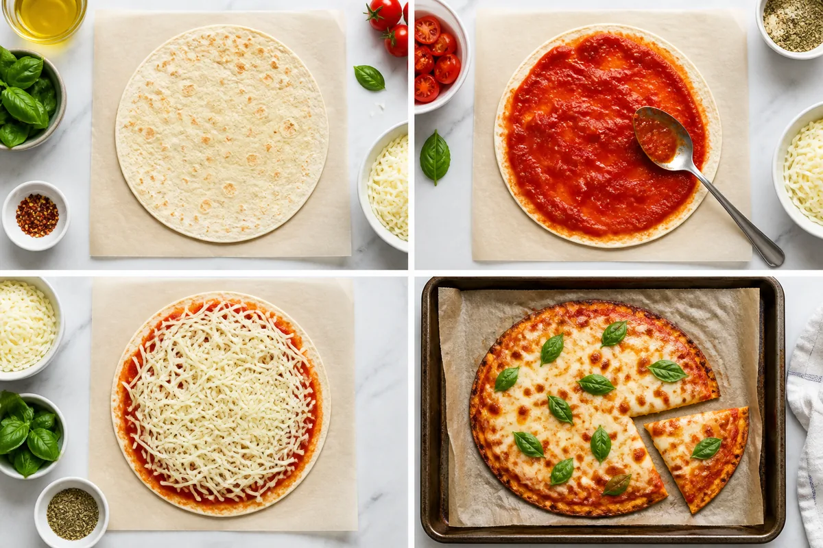 Montage visuel d’une pizza tortilla croustillante sauce tomate mozzarella