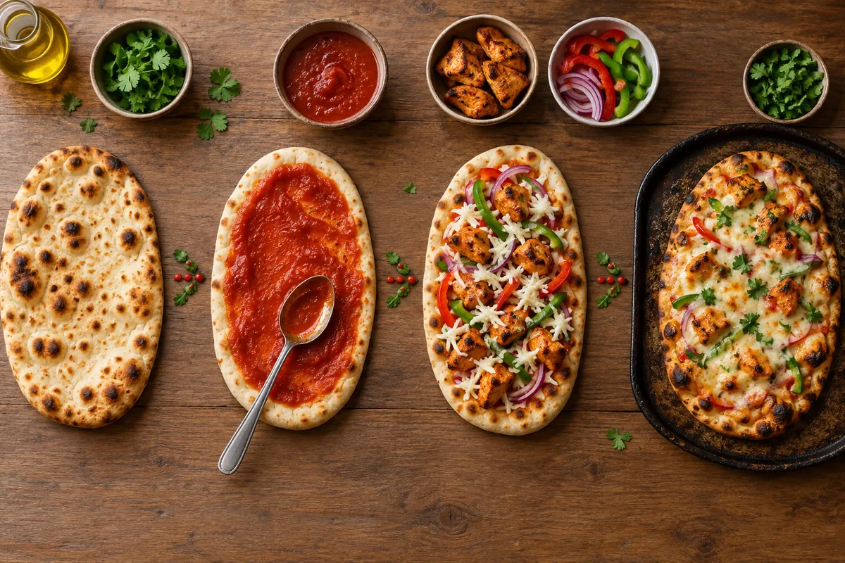 Étapes visuelles pour pizza naan tandoori croustillante