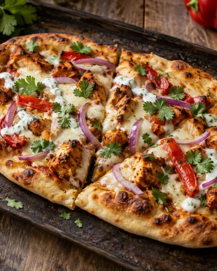Pizza naan tandoori avec poulet mozzarella poivron oignon rouge et coriandre