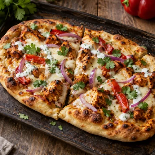 Pizza naan tandoori avec poulet mozzarella poivron oignon rouge et coriandre