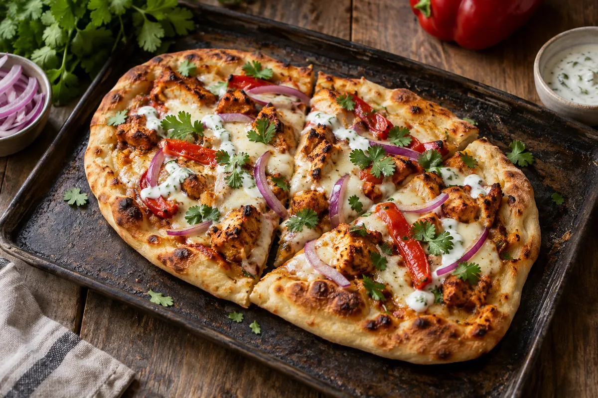 Pizza naan tandoori avec poulet mozzarella poivron oignon rouge et coriandre