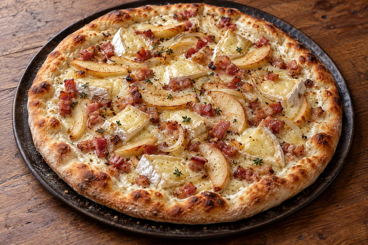Pizza camembert pommes et lardons avec oignon, thym et croûte dorée sur un plateau