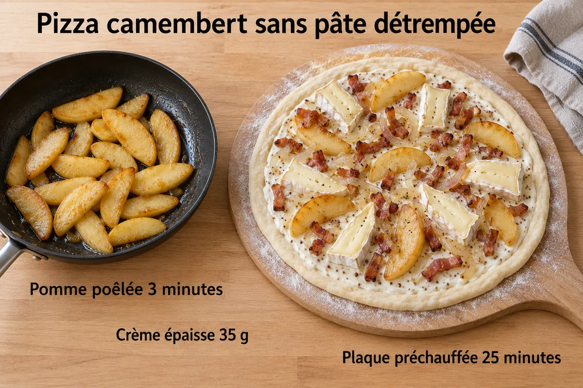 Pommes poêlées et pizza camembert avant cuisson avec les repères pour garder une pâte croustillante