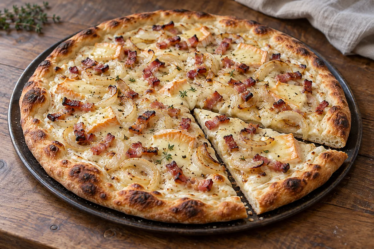 Pizza au maroilles fondu, oignons et lardons sur une base crème avec une pâte dorée