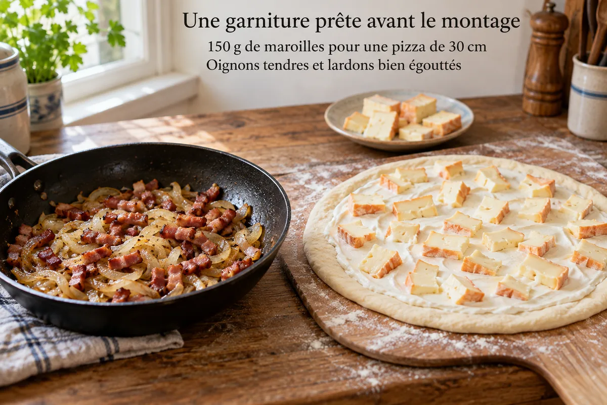 Oignons et lardons cuits à la poêle à côté de la pâte garnie de crème et de morceaux de maroilles