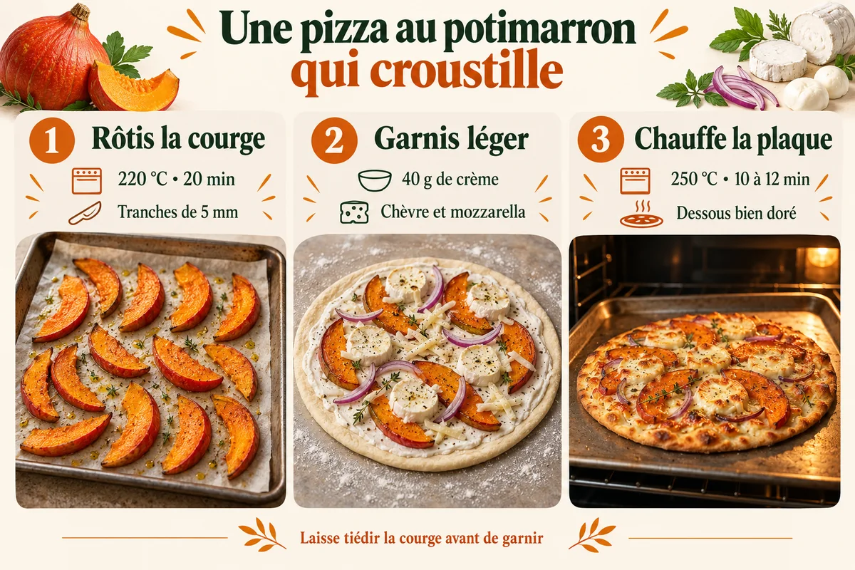 Trois étapes pour une pizza potimarron croustillante avec courge rôtie et plaque chaude