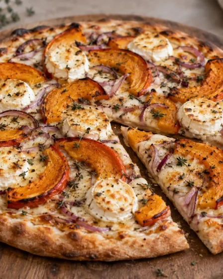 Pizza au potimarron rôti et chèvre avec oignon rouge et pâte dorée