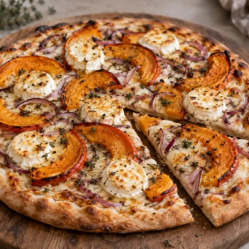 Pizza au potimarron rôti et chèvre avec oignon rouge et pâte dorée