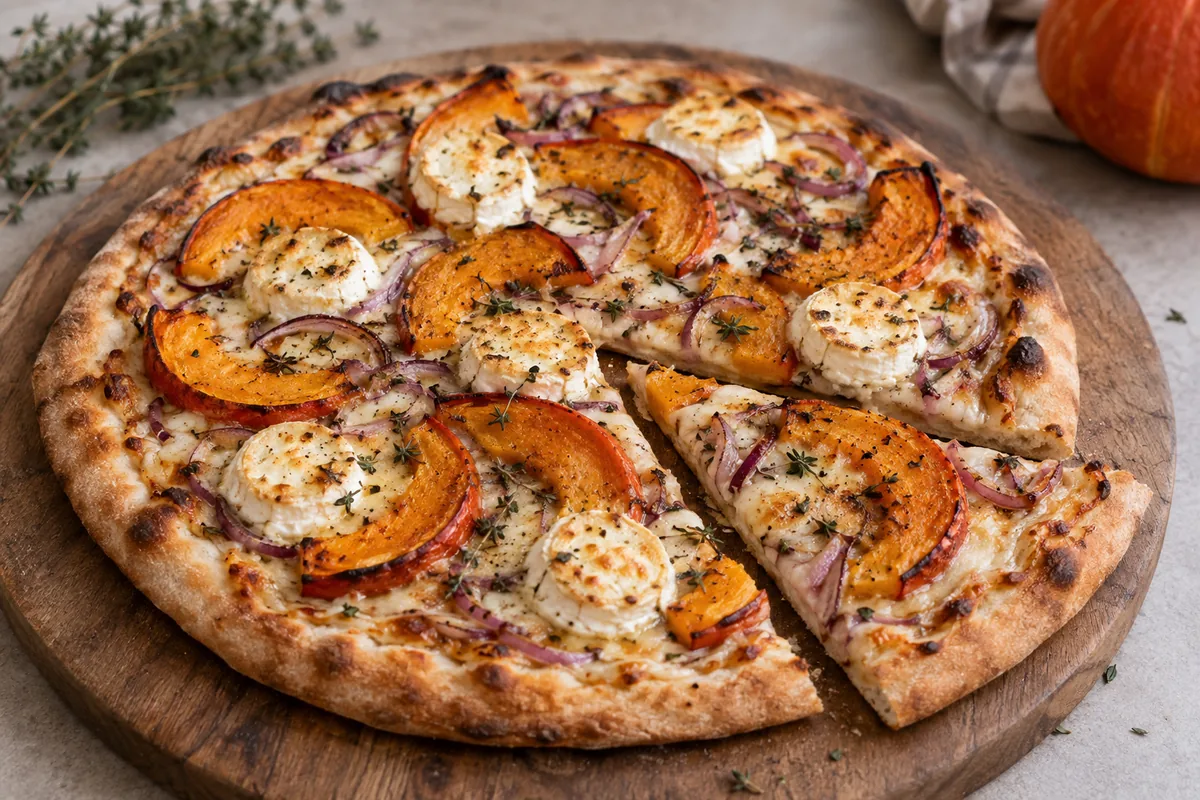 Pizza au potimarron rôti et chèvre avec oignon rouge et pâte dorée