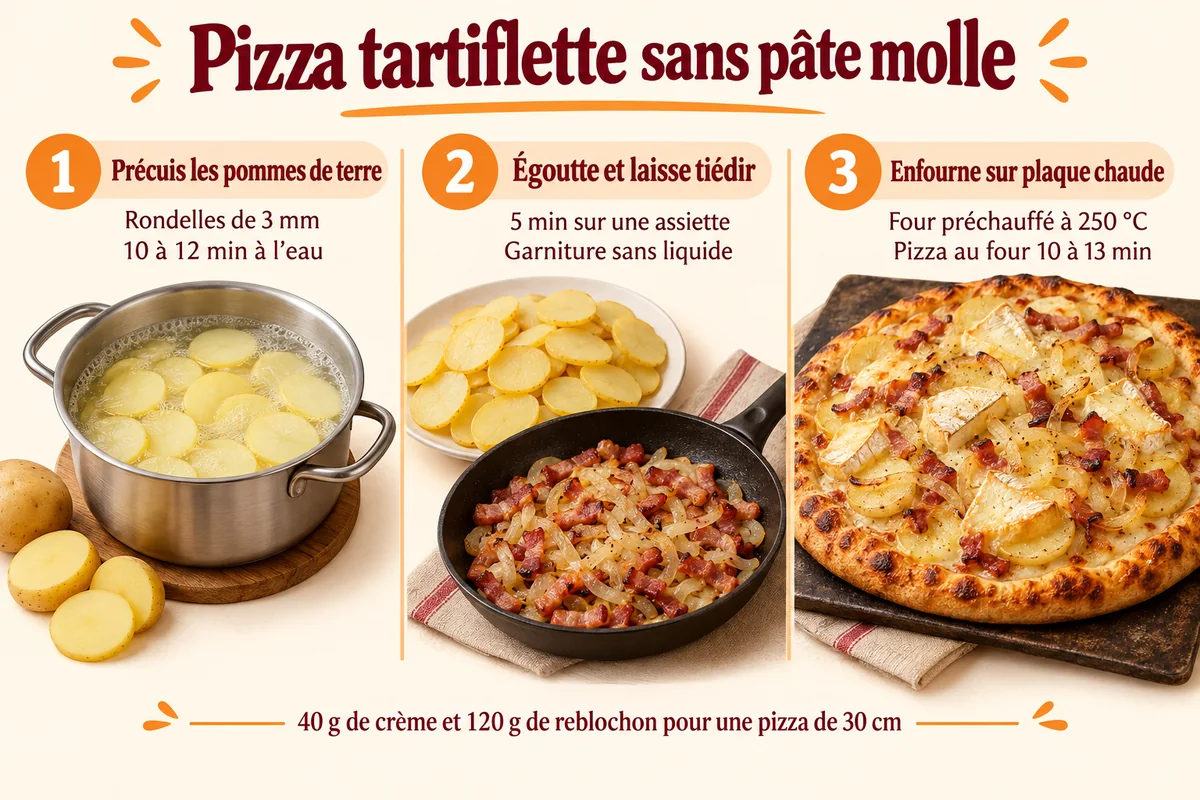 Précuisson des pommes de terre, égouttage et cuisson sur plaque chaude pour une pizza tartiflette croustillante