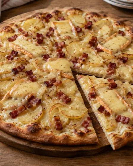 Pizza tartiflette au reblochon fondu, pommes de terre, lardons et oignon sur une pâte dorée