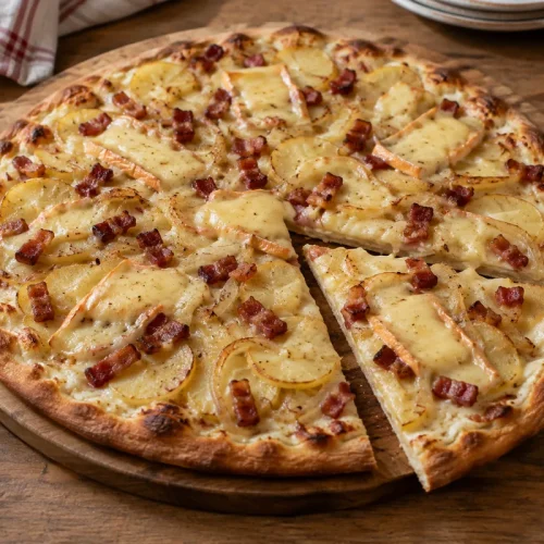 Pizza tartiflette au reblochon fondu, pommes de terre, lardons et oignon sur une pâte dorée
