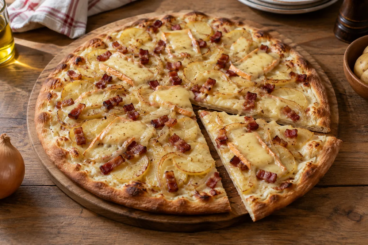 Pizza tartiflette au reblochon fondu, pommes de terre, lardons et oignon sur une pâte dorée